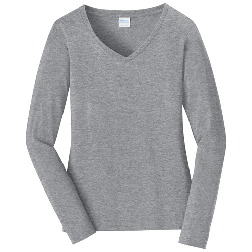 Athletic Heather front - Port & Co Women's Long Sleeve Fan Favorite V-Neck Tee