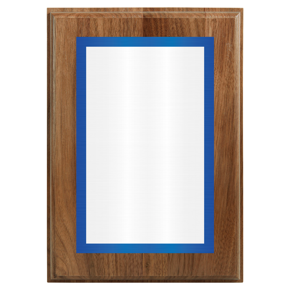 Genuine Walnut Two-Toned Full Plate Plaque with Blue Background