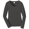 Charcoal front - Port & Co Women's Long Sleeve Fan Favorite V-Neck Tee