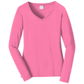 New Pink front - Port & Co Women's Long Sleeve Fan Favorite V-Neck Tee